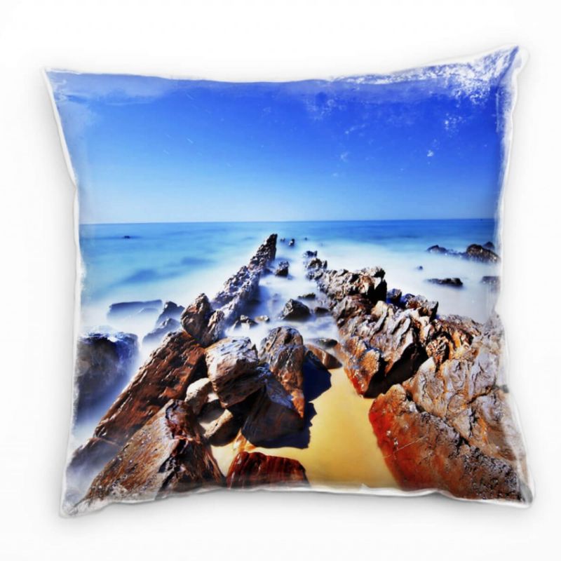 Landschaft, Steine, Meer, Fotografie,Mond, blau, orange Deko Kissen 40x40cm für Couch Sofa Lounge Zi