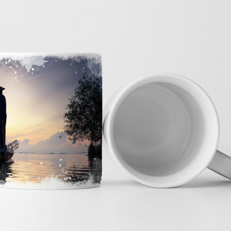 Tasse Geschenk Fischer im Boot und Baum im Hintergrund