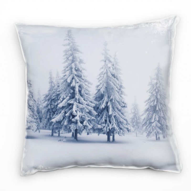 Winter, weiß, grau, schneebedeckte Nadelbäume Deko Kissen 40x40cm für Couch Sofa Lounge Zierkissen