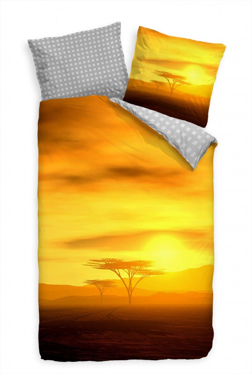 Afrika Sonnenuntergang Gelb Orange Bettwäsche Set 135×200 cm + 80x80cm  Atmungsaktiv