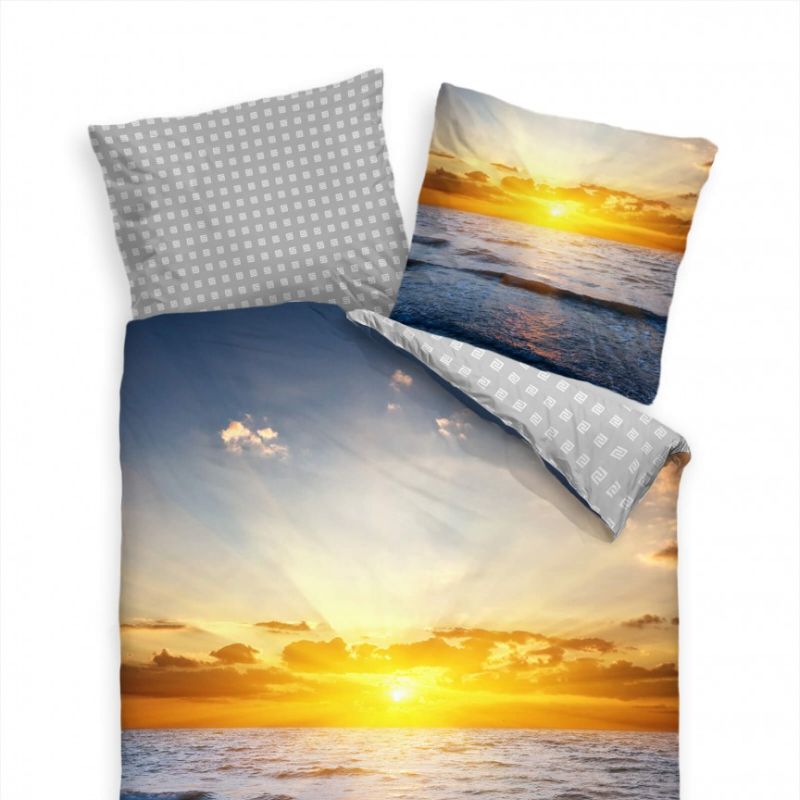 Sonnenuntergang Meer Sonne Blau Gelb Bettwäsche Set 135×200 cm + 80x80cm  Atmungsaktiv