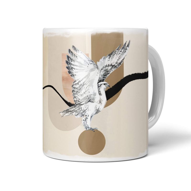 Dekorative Tasse mit schönem Vogel Motiv weißer Falke einzigartiges Design Brauntöne