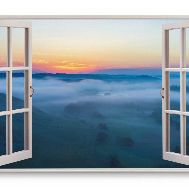 Wandbild 120x80cm Fensterbild Sonnenuntergang Horizont Tal Nebel Natur