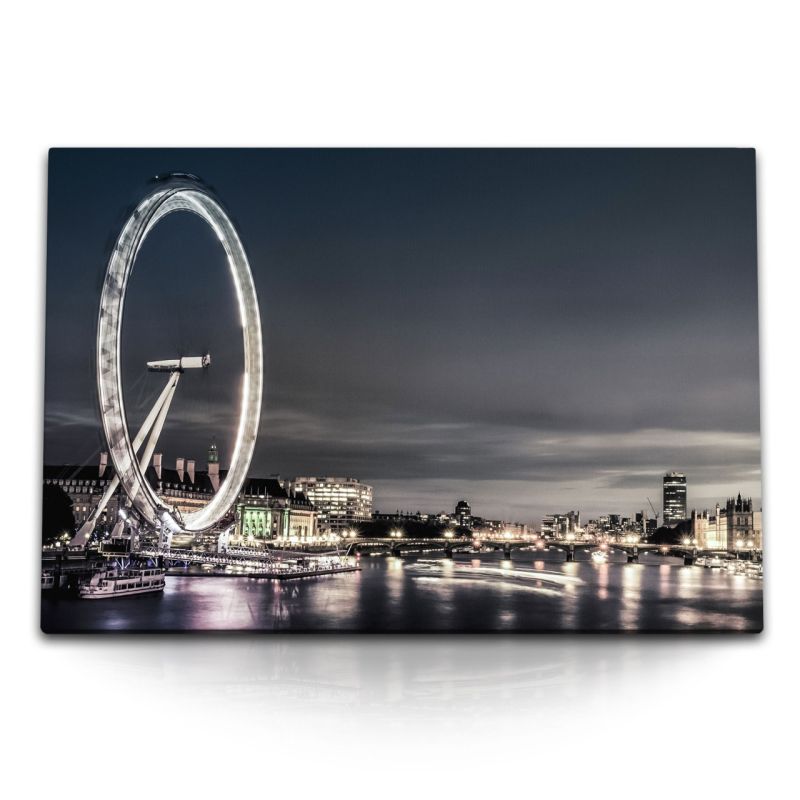 120x80cm Wandbild auf Leinwand London bei Nacht Riesenrad Stadt England