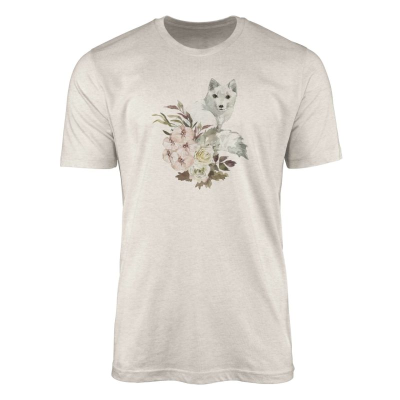 Herren Shirt 100% gekämmte Bio-Baumwolle T-Shirt  Aquarell Polarfuchs Blumen Motiv Nachhaltig Ökomod