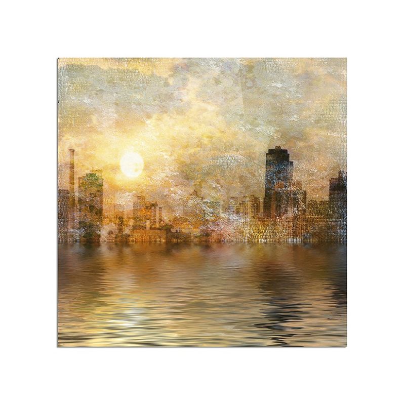 80x80cm Stadt Gebäude Wasser Wolken Sonne