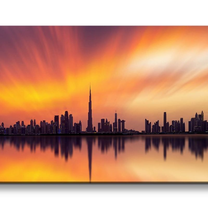 Leinwandbild 120x60cm Dubai Skyline Burj Khalifa Kunstvoll Abendröte Horizont