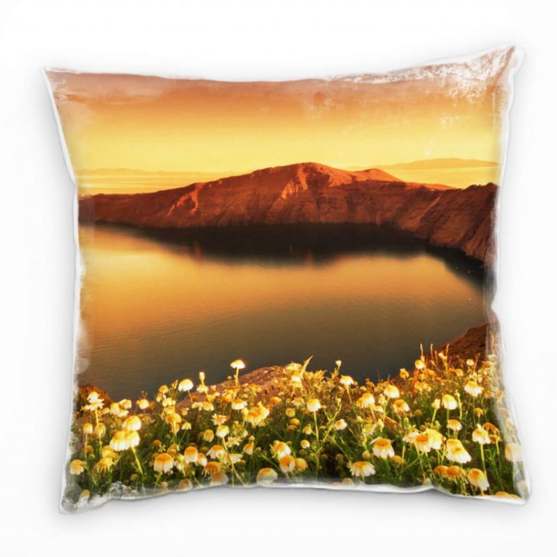 Landschaft, orange, grün, Blumen, Santorini, Griechenland Deko Kissen 40x40cm für Couch Sofa Lounge