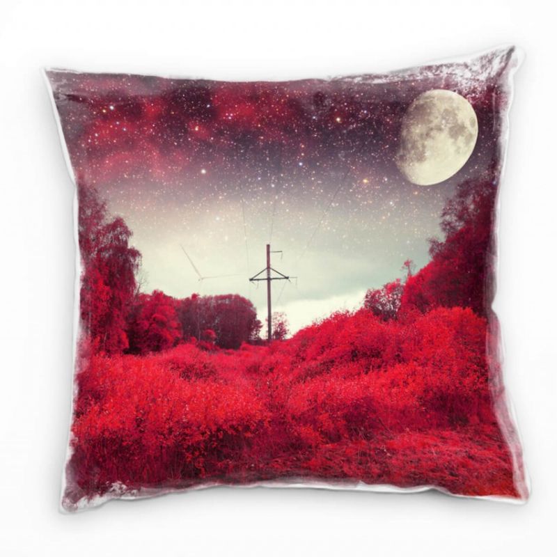 Abstrakt, Natur, Mond Sterne, Wald, rot, grau Deko Kissen 40x40cm für Couch Sofa Lounge Zierkissen