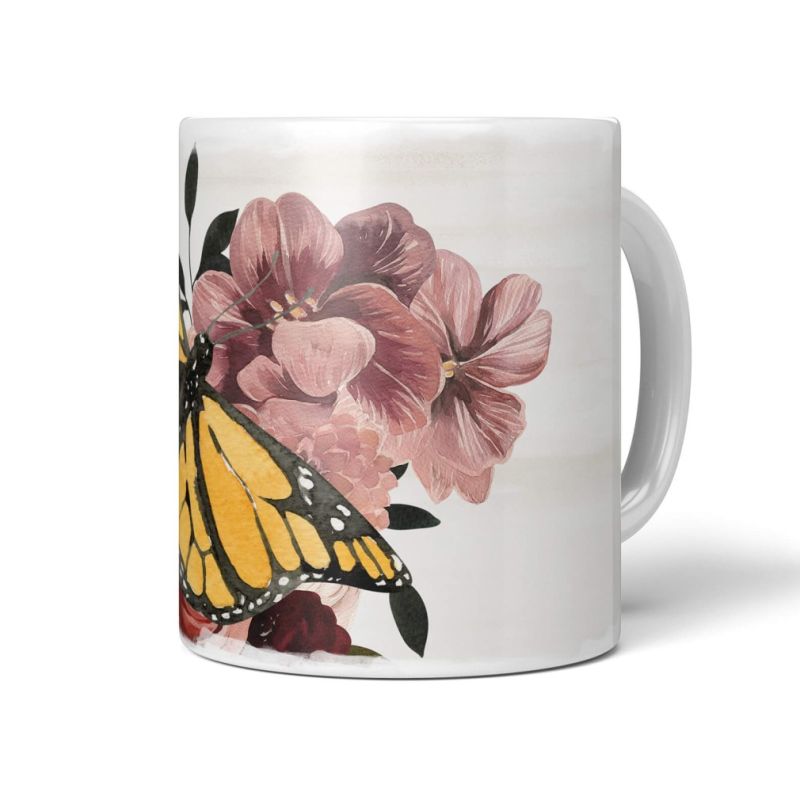 Dekorative Tasse mit schönem Motiv Schmetterling Blumen Blüten Frühling Vintage Kunstvoll