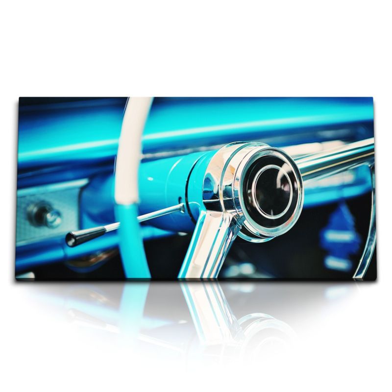 Kunstdruck Bilder 120x60cm Oldtimer Auto Lenker Blau Chrom Kuba