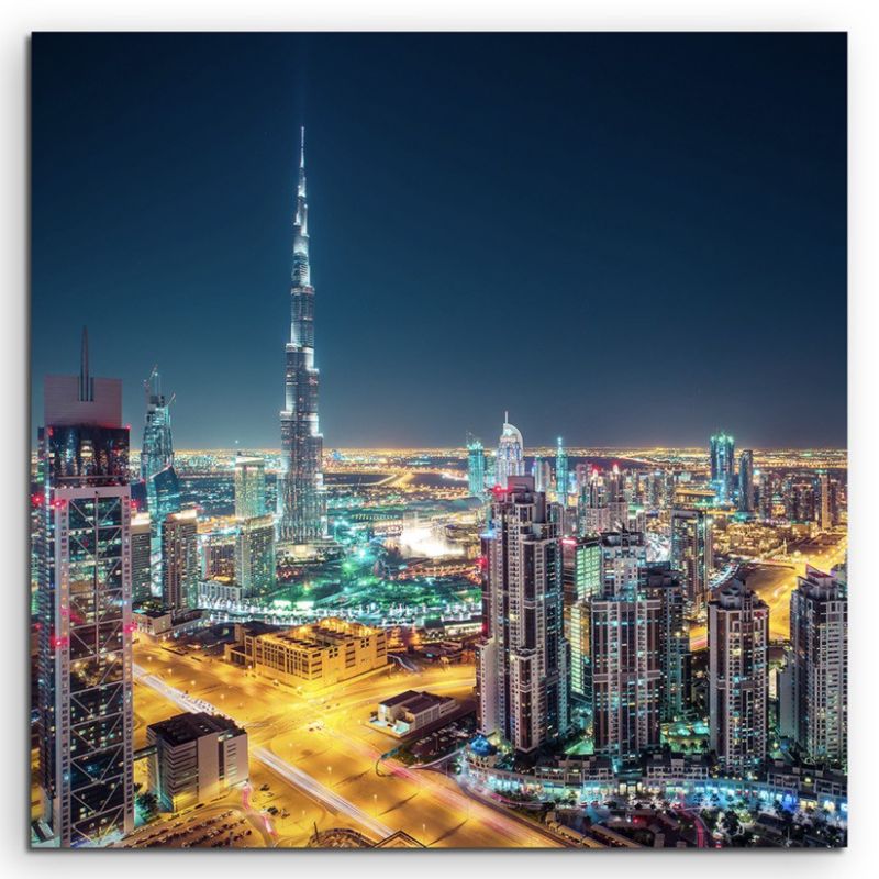 Architekturfotografie – Dubai Skyline bei Nacht, UAE auf Leinwand