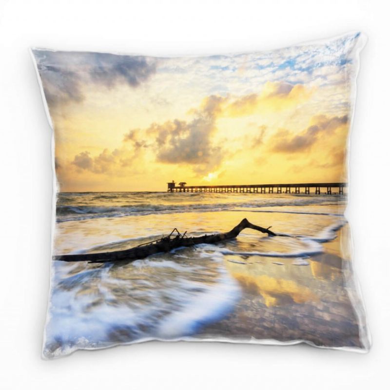 Strand und Meer, Sonnenuntergang, Pier, orange Deko Kissen 40x40cm für Couch Sofa Lounge Zierkissen