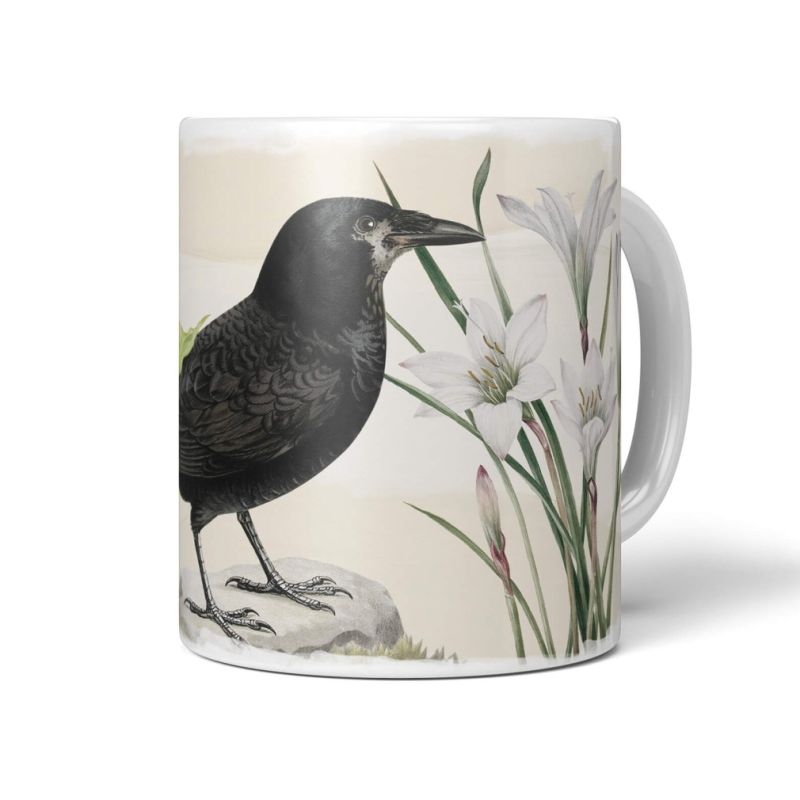 Dekorative Tasse mit schönem Vogel Motiv Rabe Blumen Kunstvoll Vintage Pastelltöne