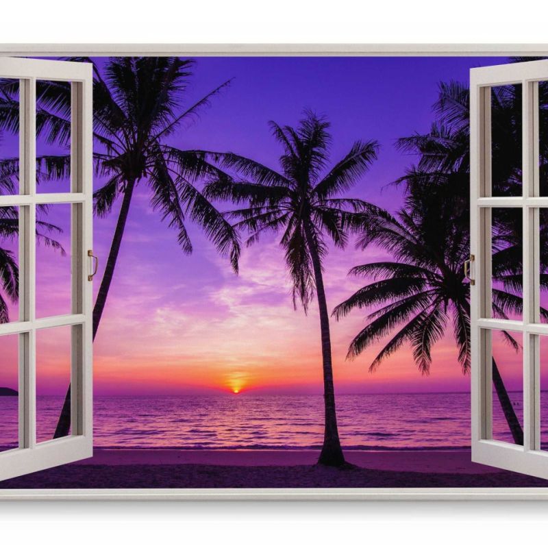 Wandbild 120x80cm Fensterbild Strand Abendrot Horizont Meer Palmen Traumstrand