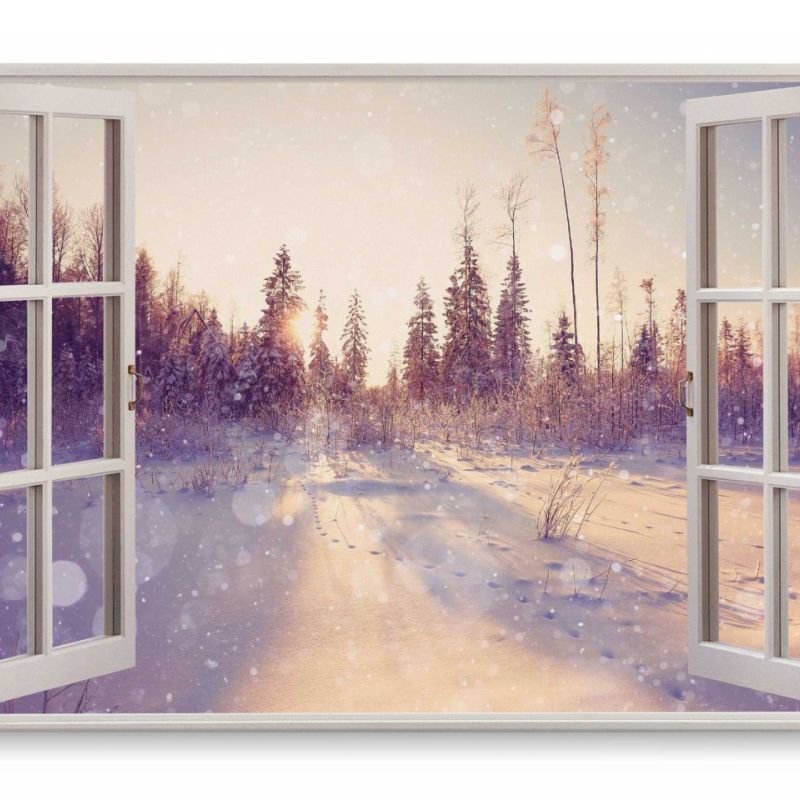 Wandbild 120x80cm Fensterbild Winterlandschaft Sonnenuntergang Tannen Schnee Weiß