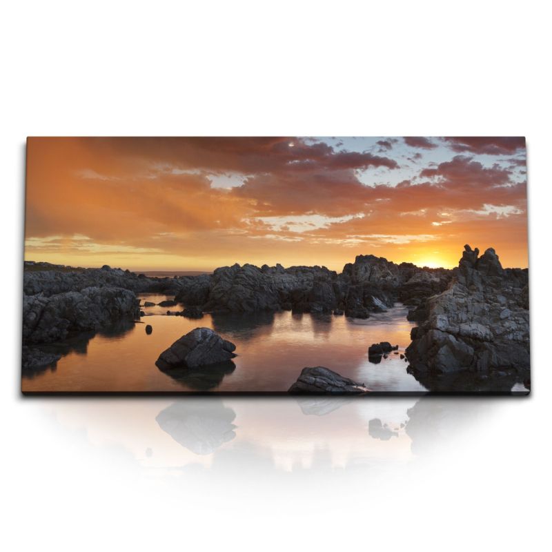 Kunstdruck Bilder 120x60cm Abendrot Sonnenuntergang Felsen Strand Meer