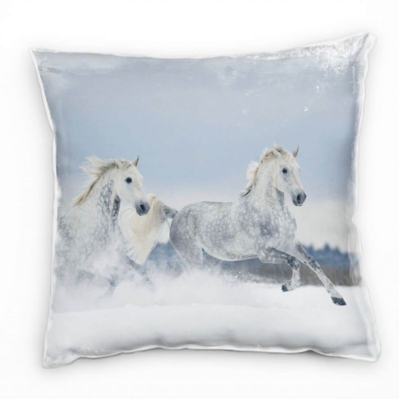 Tiere, galoppierende Pferde, Schnee, weiß, grau Deko Kissen 40x40cm für Couch Sofa Lounge Zierkissen