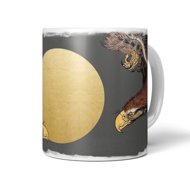 Dekorative Tasse mit schönem Vogel Motiv Adler Greifvogel Raubvogel Goldene Sonne asiatisches Design