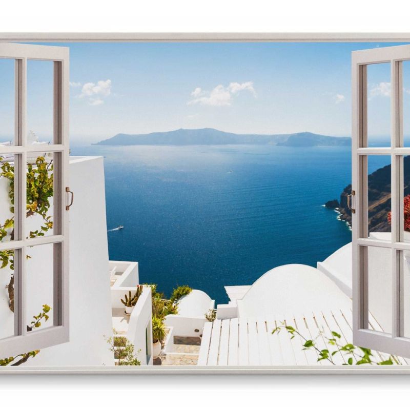 Wandbild 120x80cm Fensterbild Griechische Insel Santorini Blau Weiß Sonnenschein