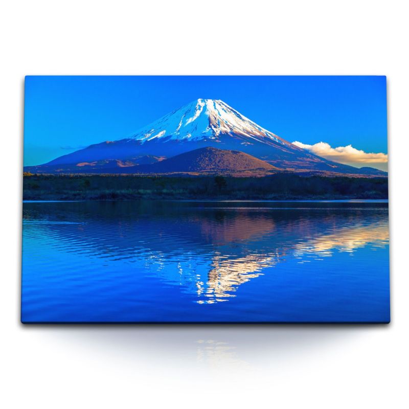 120x80cm Wandbild auf Leinwand Fuji Vulkan Berg Japan Blau See Schneegipfel