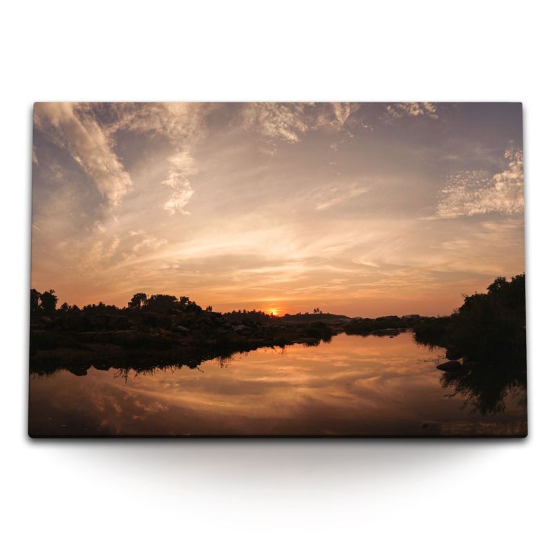 120x80cm Wandbild auf Leinwand Fluss Natur Sonnenuntergang Abenddämmerung Abendrot