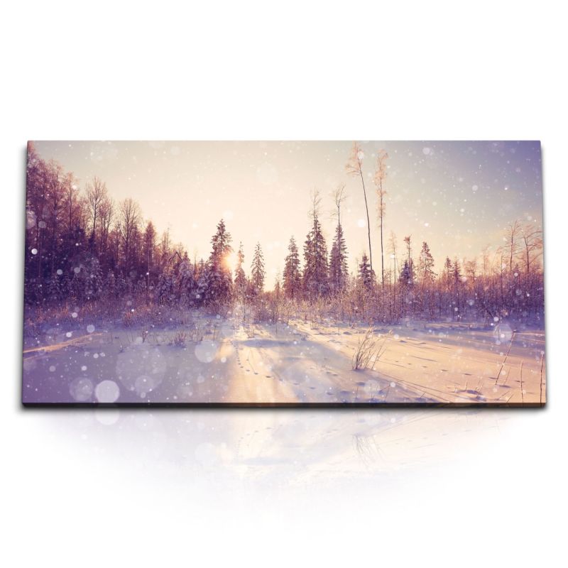 Kunstdruck Bilder 120x60cm Winterlandschaft Wald Tannen Schnee Sonnenschein