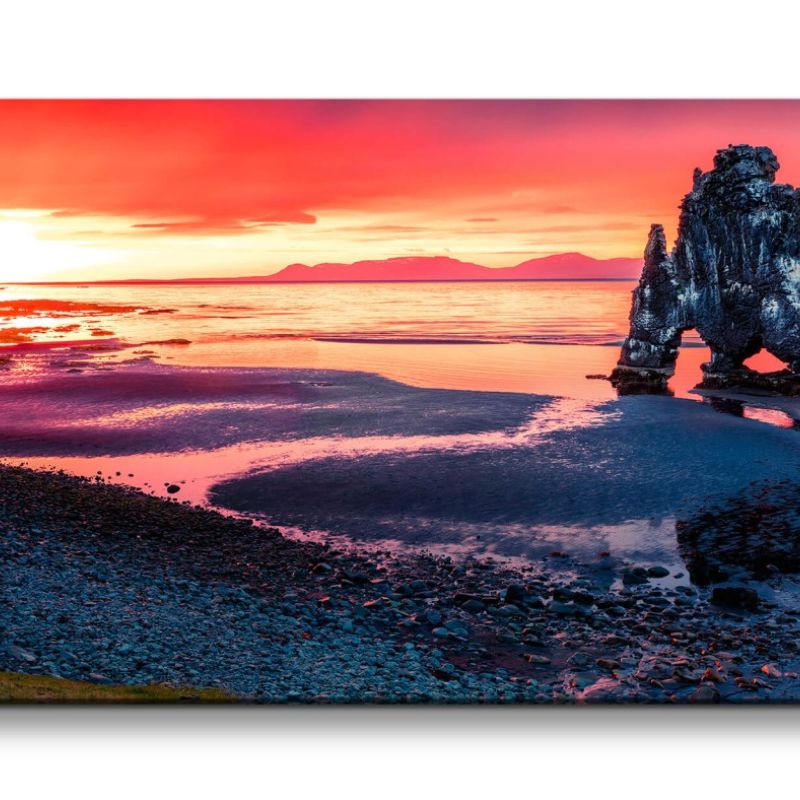 Leinwandbild 120x60cm Hvítserkur Basaltfelsen Island Meer Felsen Abendröte