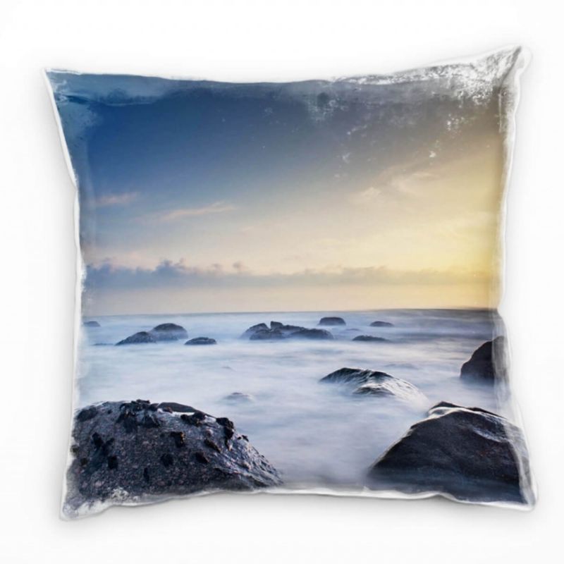 Strand, blau, gelb, Nebel, Felsen Deko Kissen 40x40cm für Couch Sofa Lounge Zierkissen