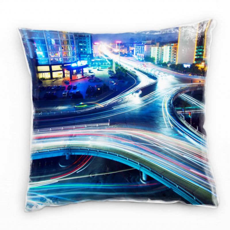 Urban und City, blau, Lichtlinien, Autos, Nacht Deko Kissen 40x40cm für Couch Sofa Lounge Zierkissen