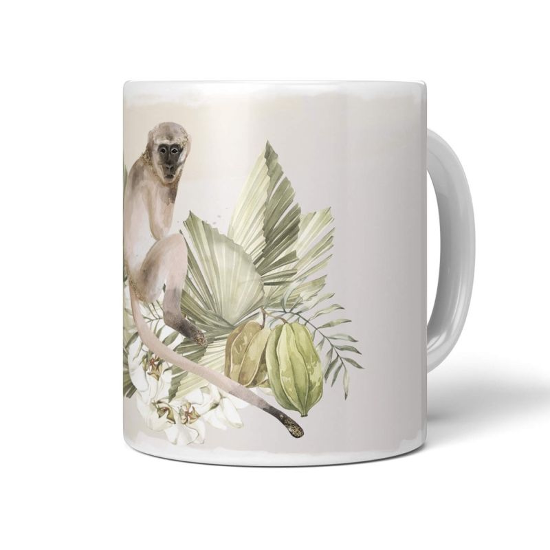 Tasse Porzellan Tier Motiv Affe Blumen Exotisch Tropisch Kunstvoll Pastelltöne