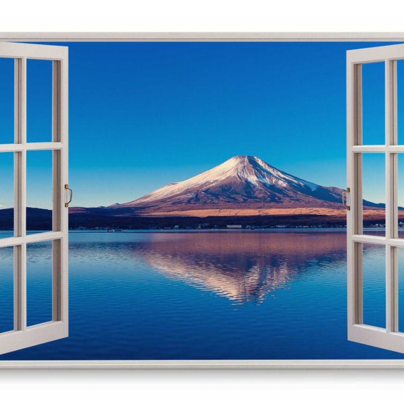 Wandbild 120x80cm Fensterbild Fuji Vulkan Japan Blau Meer Berg Schneegipfel