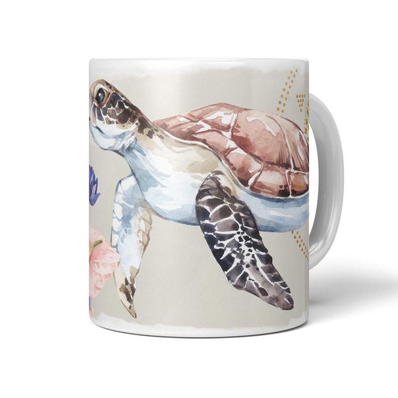 Dekorative Tasse mit schönem Motiv Seeschildkröte unter Wasser Aquarell Blumen Pastellton