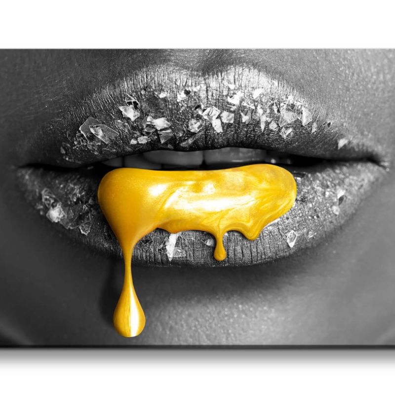 Leinwandbild 120x60cm Volle Frauen Lippen Glitzer Goldene Farbe Kunstvoll Sexy