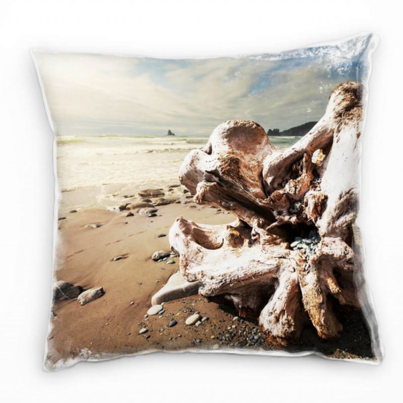 Strand und Meer, braun, blau, Treibholz Deko Kissen 40x40cm für Couch Sofa Lounge Zierkissen