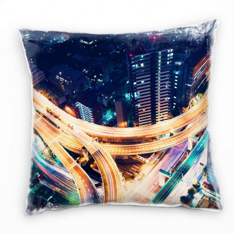 City, Hochhäuser, Lichtlinien, Nacht, blau, orange Deko Kissen 40x40cm für Couch Sofa Lounge Zierkis