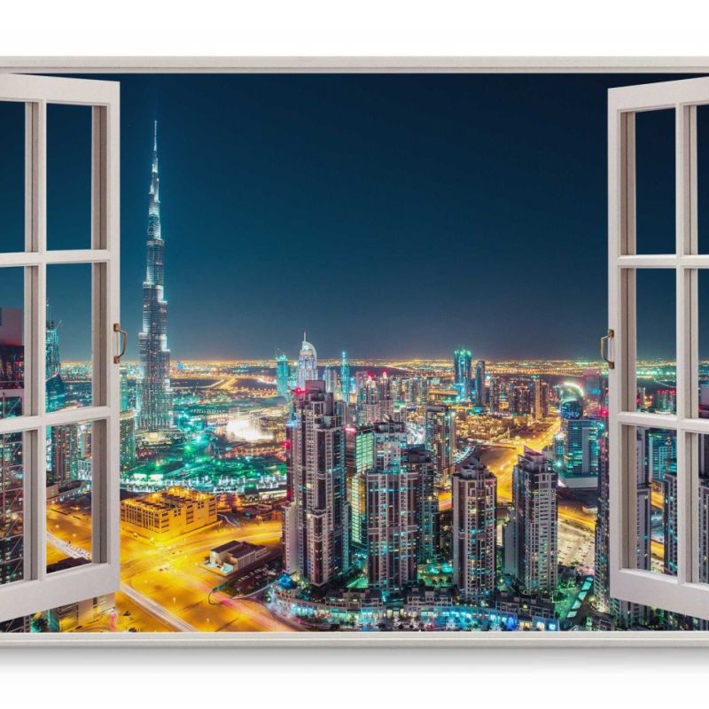 Wandbild 120x80cm Fensterbild Dubai bei Nacht Stadtlichter Hochhäuser Skyline