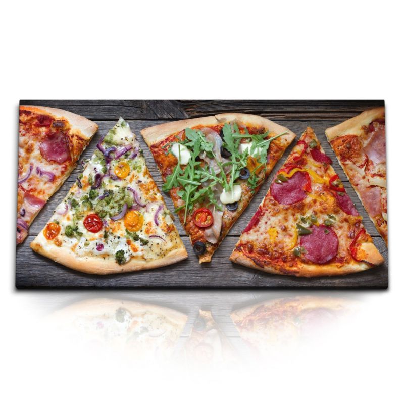 Kunstdruck Bilder 120x60cm Pizza Essen Küche Pizzastücke Holzbrett