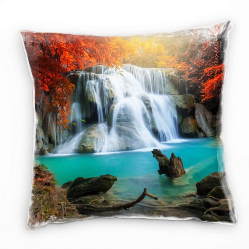 Natur, Wasserfall, Thailand, braun, türkis, rot Deko Kissen 40x40cm für Couch Sofa Lounge Zierkissen