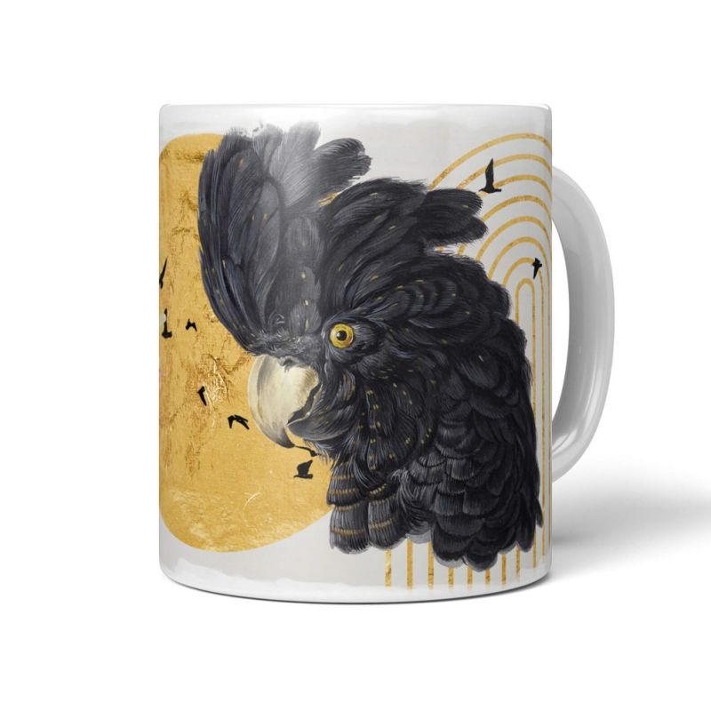 Dekorative Tasse mit schönem Vogel Motiv schwarzer Kakadus Gold schönem Design Kunstvoll