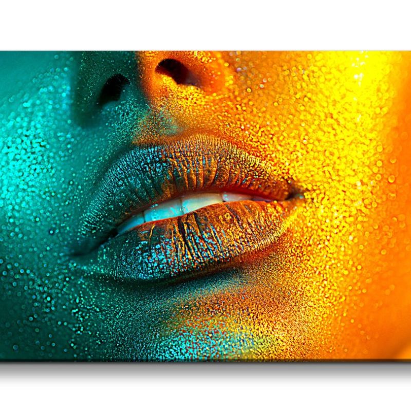 Leinwandbild 120x60cm Volle Frauen Lippen Schminke Gold Lippenstift Sexy