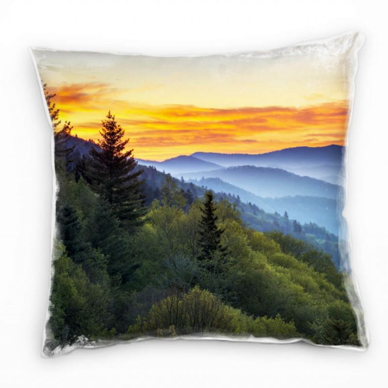 Landschaft, grün, blau, orange, Wald, Sonnenuntergang Deko Kissen 40x40cm für Couch Sofa Lounge Zier