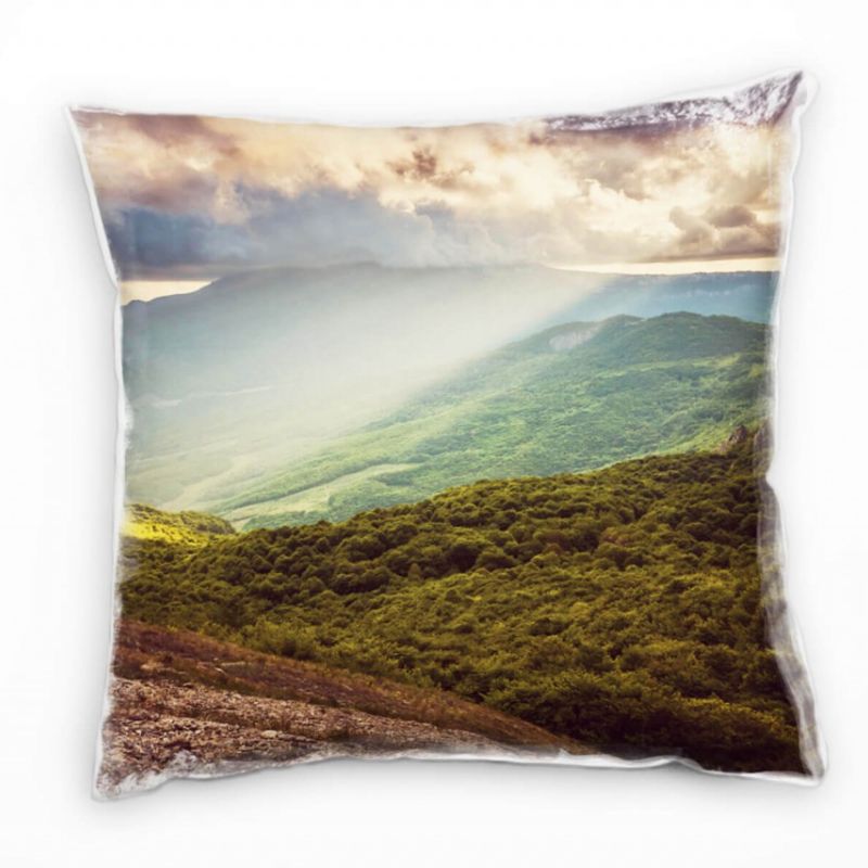 Landschaft, braun, grün, bewaldete Hügel, Lichtstrahl Deko Kissen 40x40cm für Couch Sofa Lounge Zier