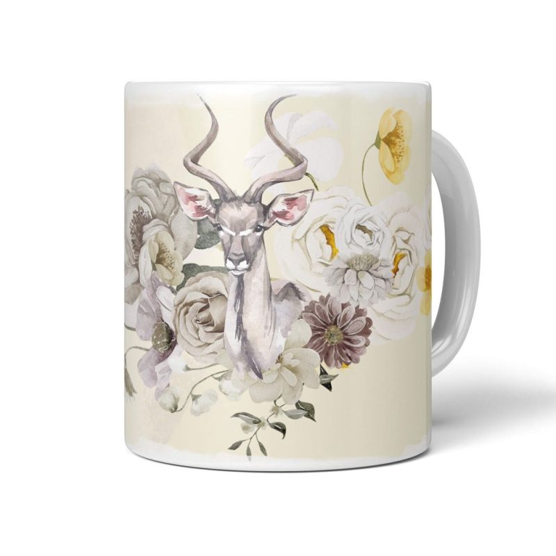 Tasse Porzellan Tier Motiv Antilope Blumen Blüten Kunstvoll Aquarell