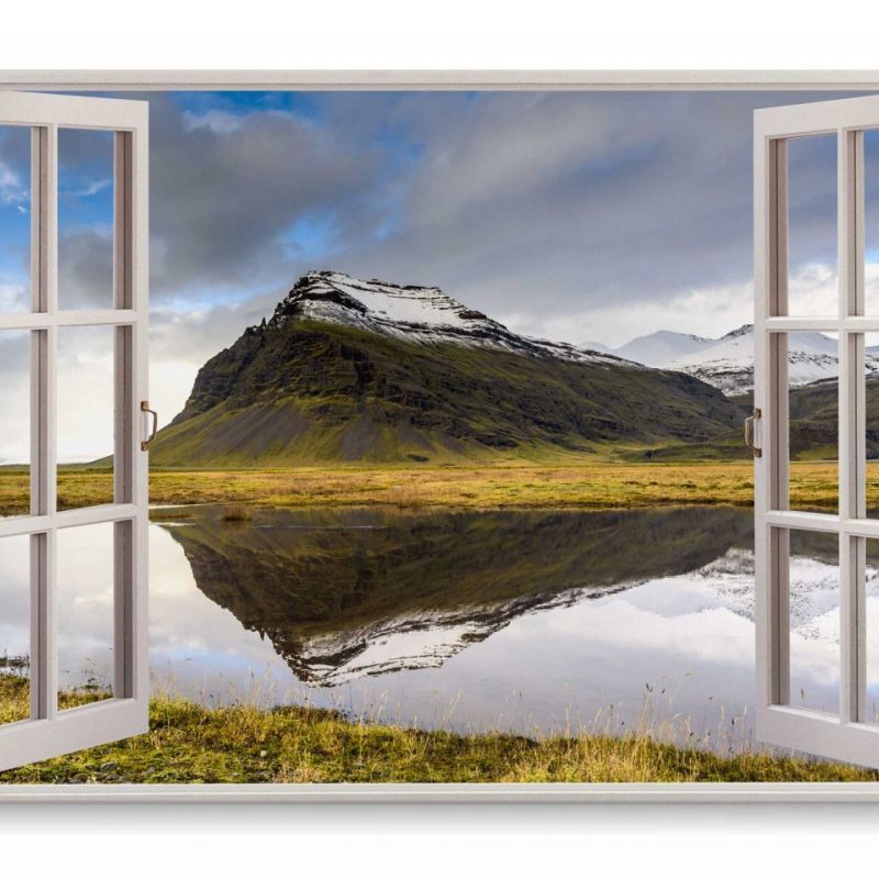 Wandbild 120x80cm Fensterbild Island Landschaft Berge See Natur Grün