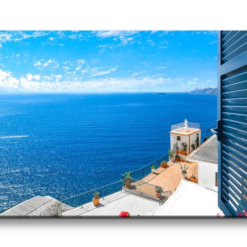 Leinwandbild 120x60cm Santorini Mittelmeer Traumurlaub Fenstersicht Aussicht Traumhaft