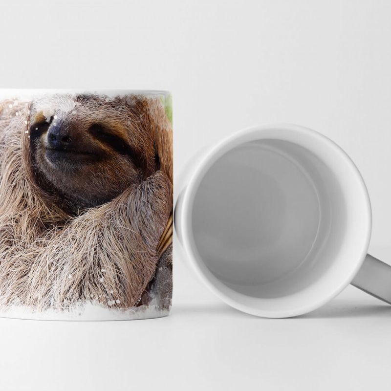 Tasse Geschenk Tierfotografie – Glückliches Faultier am Baum hängend