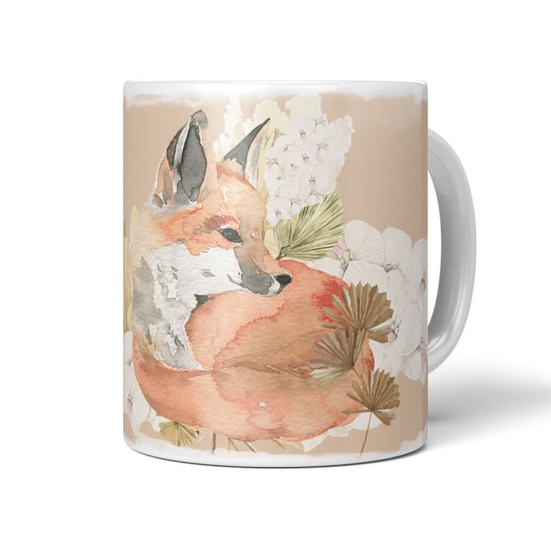 Tasse Porzellan Tier Motiv Fuchs Blumen Blüten Wasserfarben Kunstvoll