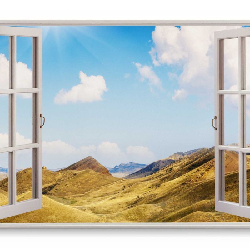 Wandbild 120x80cm Fensterbild Blauer Himmel Hügellandschaft Georgien Natur Frühling