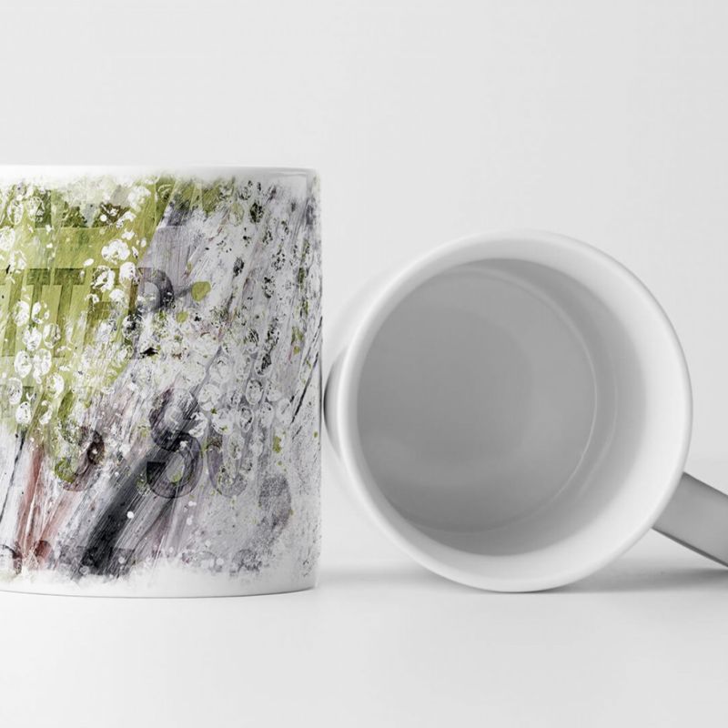 Tasse Geschenk hellgraue Grundierung; grün, weiße Tupfern; Aufschrift